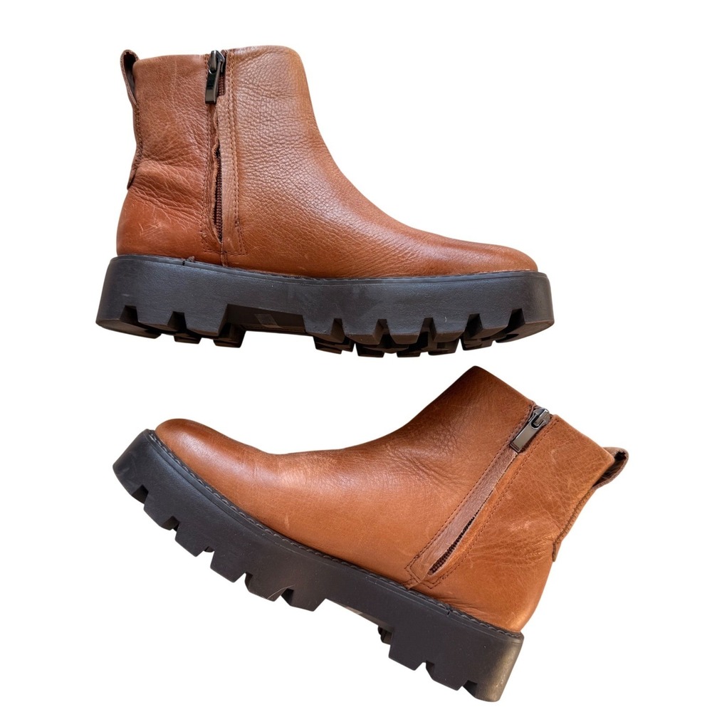 Franco Sarto Billie Brown Leather Lug Sole Ankle Boots Women's Chunky Chelsea - Picture 3 of 15